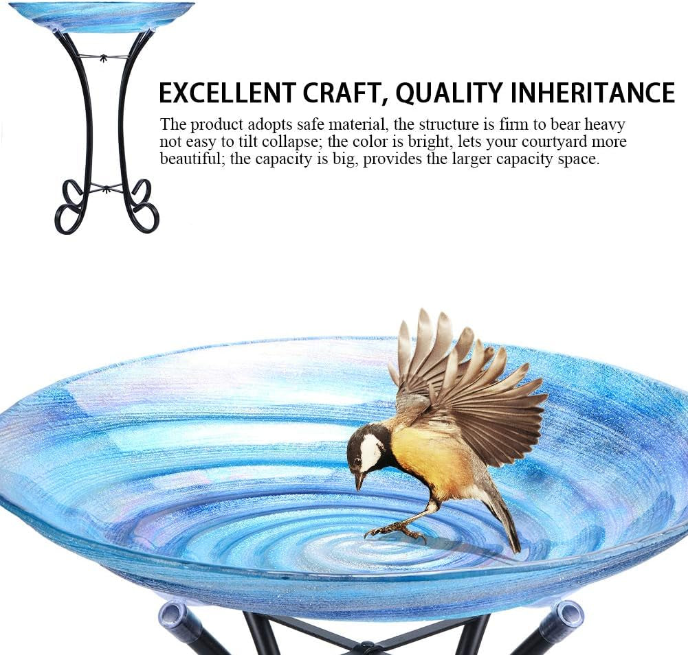 Outdoor Glass Birdbath with Metal Stand for Lawn Yard Garden Decor,18” Dia/21.65 Height