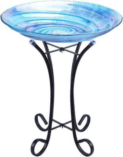 Outdoor Glass Birdbath with Metal Stand for Lawn Yard Garden Decor,18” Dia/21.65 Height